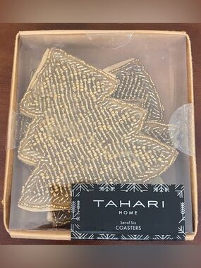 Tahari Home Set of 6 Gold Beaded Christmas Tree Coasters NIB Holiday Decor